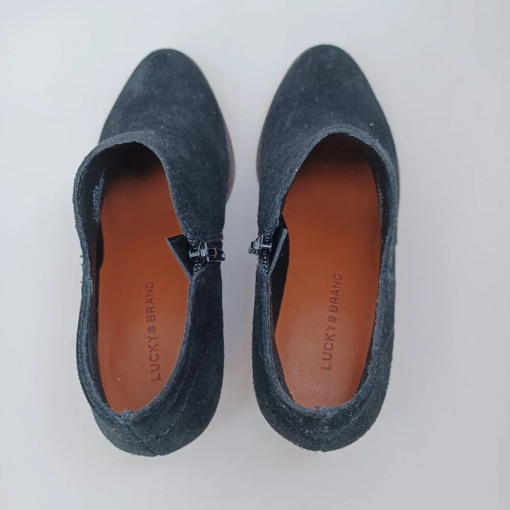 Lucky Brand Ankle Boots Womens‎ US 6.5 M Black Suede Fanky Side Zip Low Heel